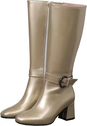 Meefit Women Block Heel Knee High Riding Boots Classic Round Toe Zip Up Tall Boot