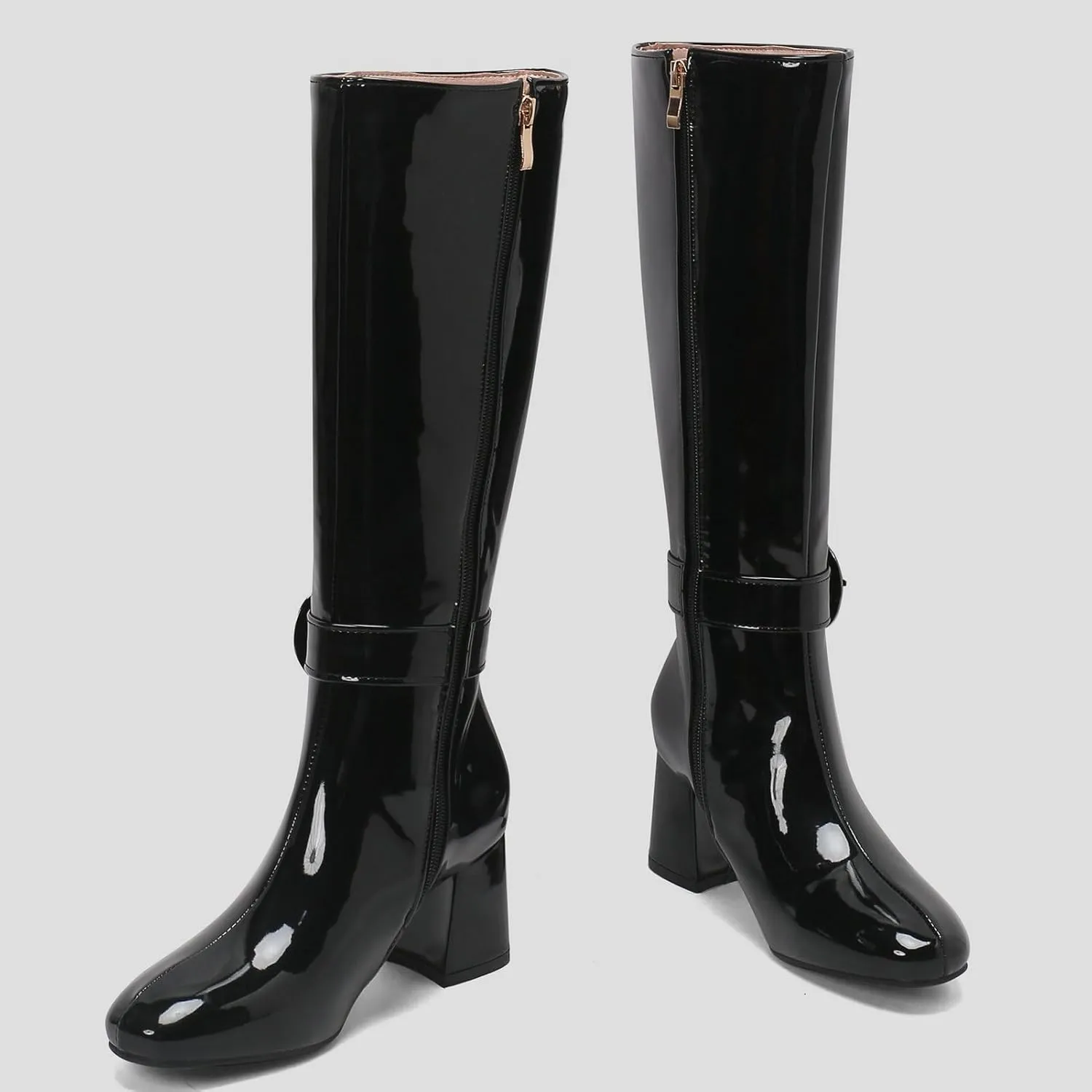 Meefit Women Block Heel Knee High Riding Boots Classic Round Toe Zip Up Tall Boot