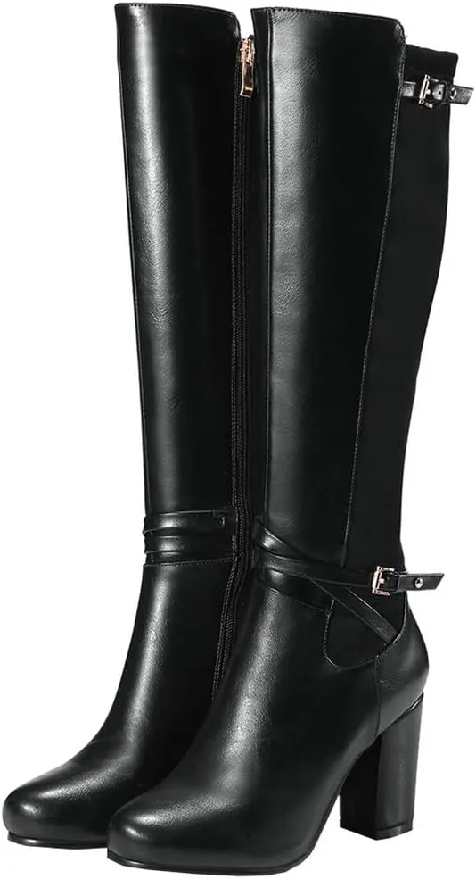 Meefit Women Block Heel Knee High Riding Boots Classic Round Toe Zip Up Tall Boot