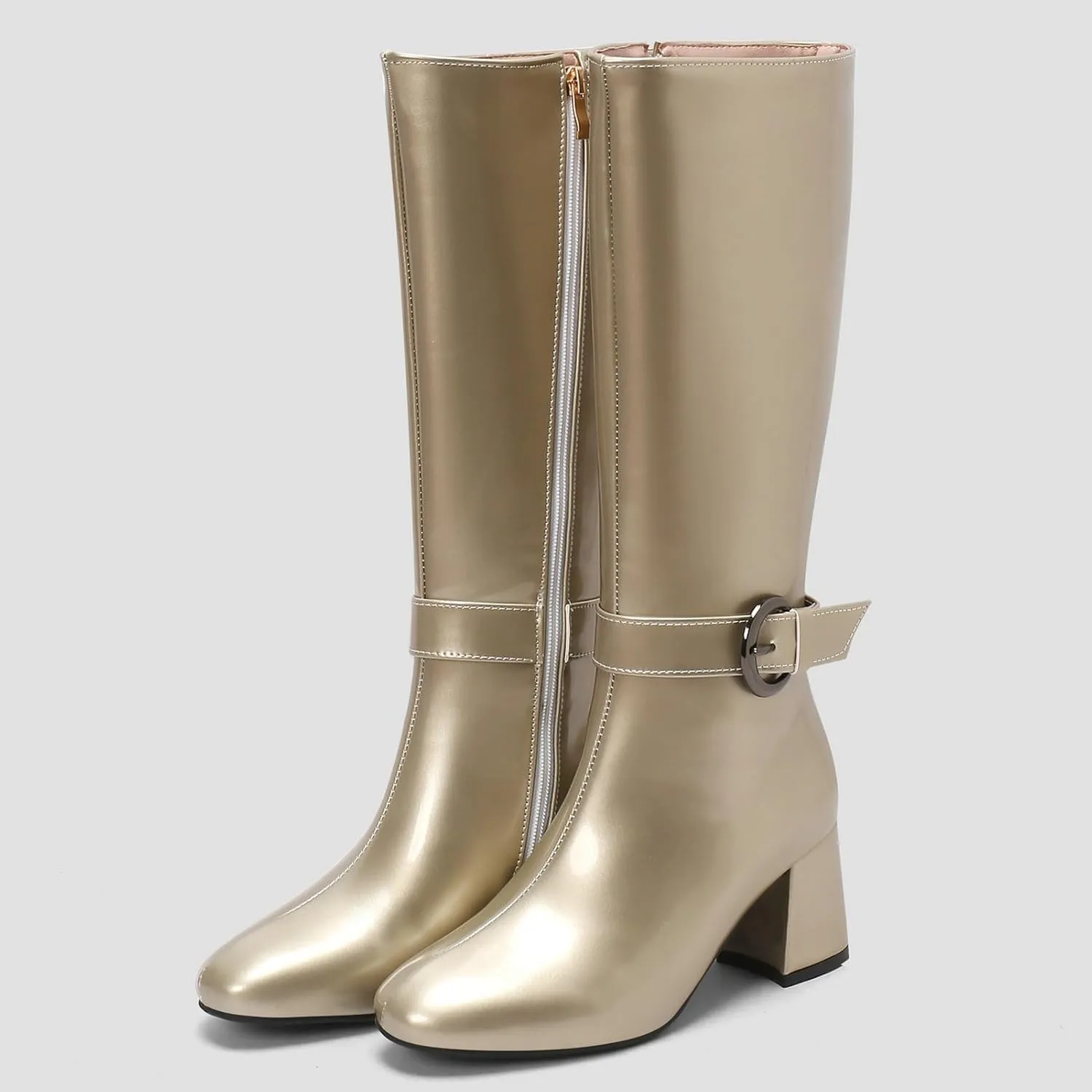 Meefit Women Block Heel Knee High Riding Boots Classic Round Toe Zip Up Tall Boot