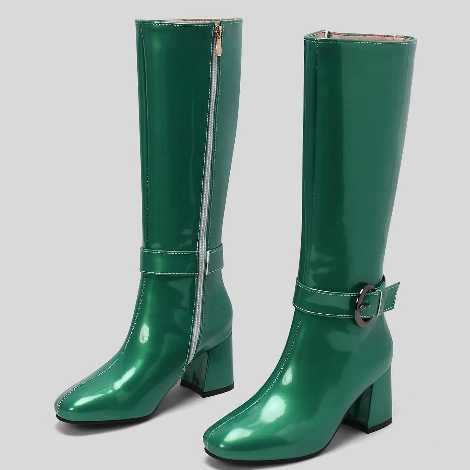 Meefit Women Block Heel Knee High Riding Boots Classic Round Toe Zip Up Tall Boot