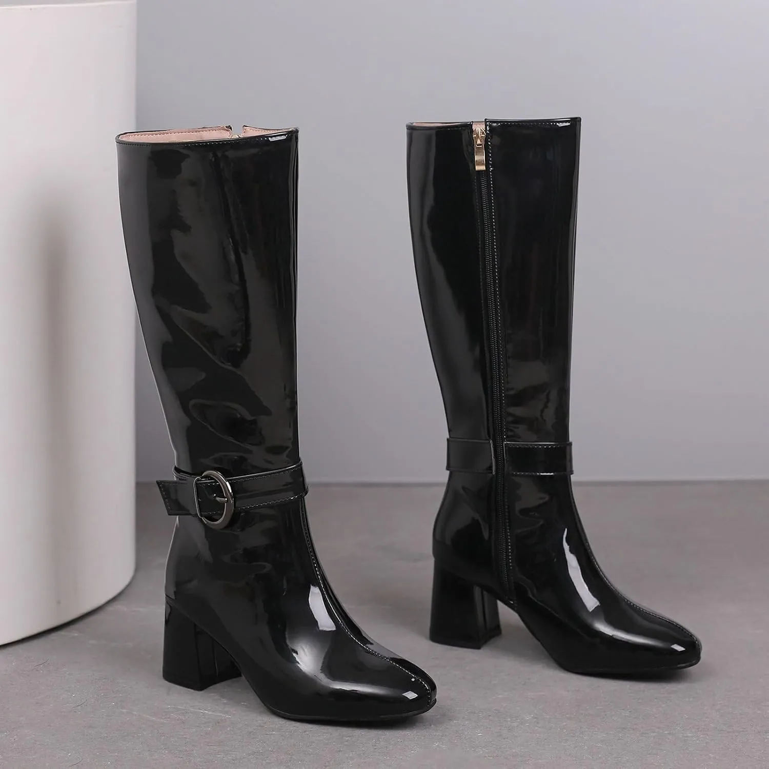 Meefit Women Block Heel Knee High Riding Boots Classic Round Toe Zip Up Tall Boot