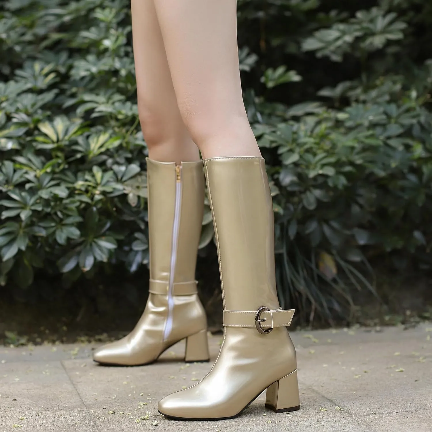 Meefit Women Block Heel Knee High Riding Boots Classic Round Toe Zip Up Tall Boot