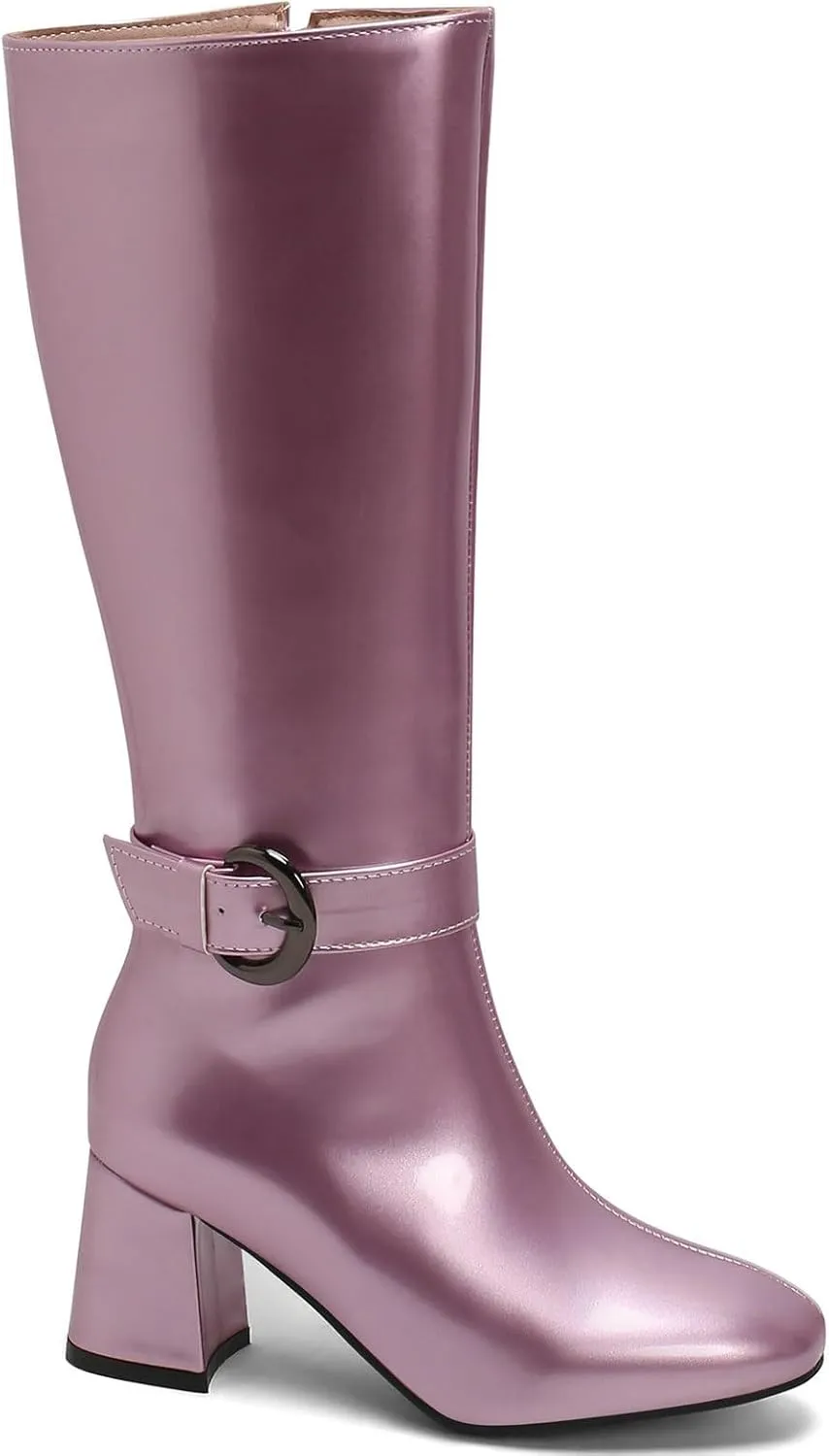 Meefit Women Block Heel Knee High Riding Boots Classic Round Toe Zip Up Tall Boot