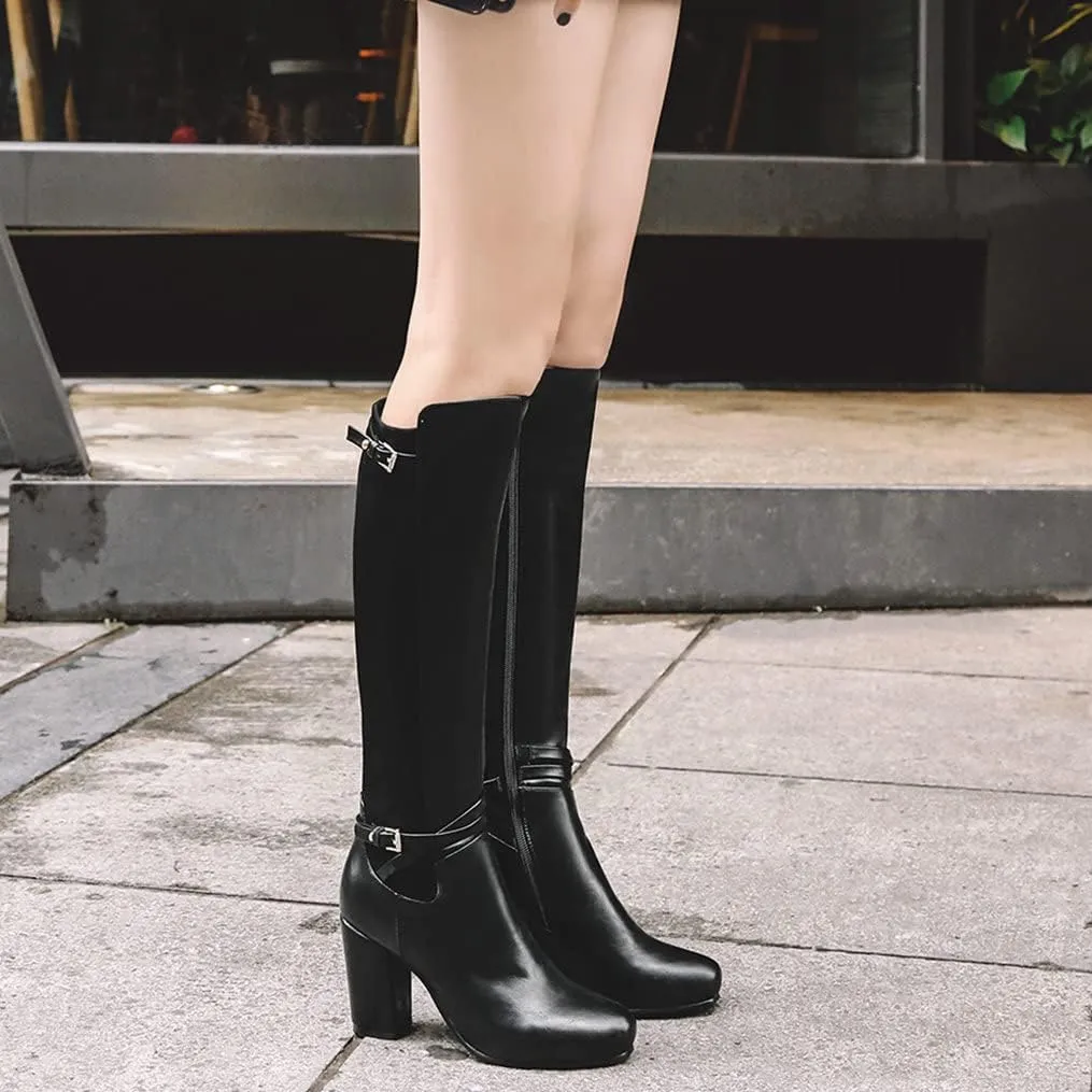 Meefit Women Block Heel Knee High Riding Boots Classic Round Toe Zip Up Tall Boot