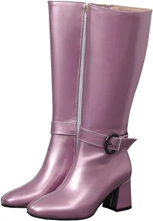 Meefit Women Block Heel Knee High Riding Boots Classic Round Toe Zip Up Tall Boot