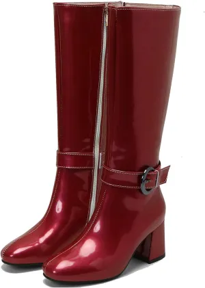 Meefit Women Block Heel Knee High Riding Boots Classic Round Toe Zip Up Tall Boot