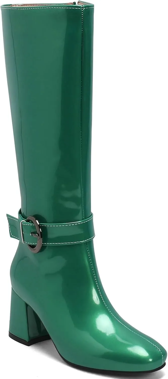 Meefit Women Block Heel Knee High Riding Boots Classic Round Toe Zip Up Tall Boot