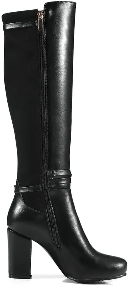 Meefit Women Block Heel Knee High Riding Boots Classic Round Toe Zip Up Tall Boot