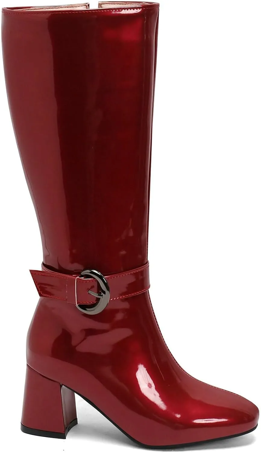 Meefit Women Block Heel Knee High Riding Boots Classic Round Toe Zip Up Tall Boot