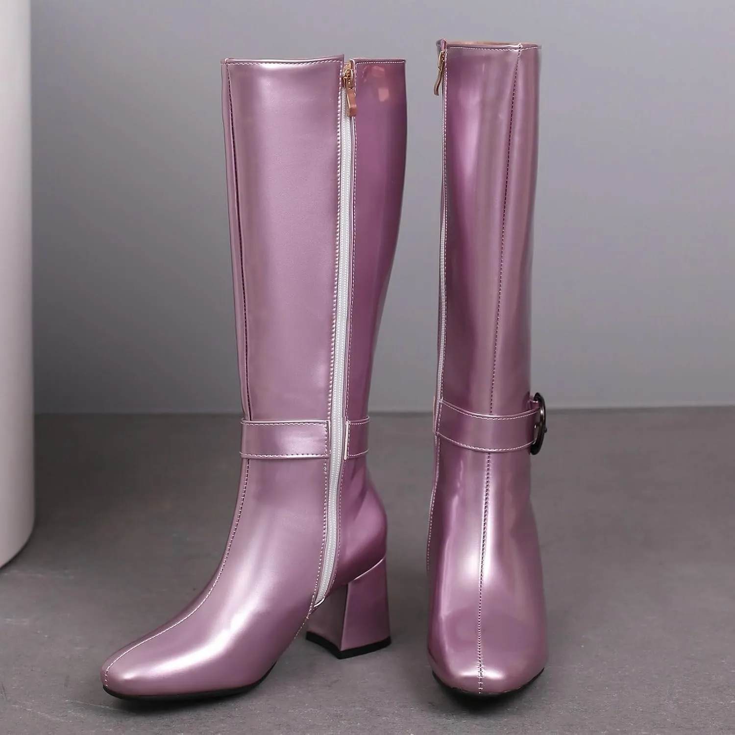 Meefit Women Block Heel Knee High Riding Boots Classic Round Toe Zip Up Tall Boot