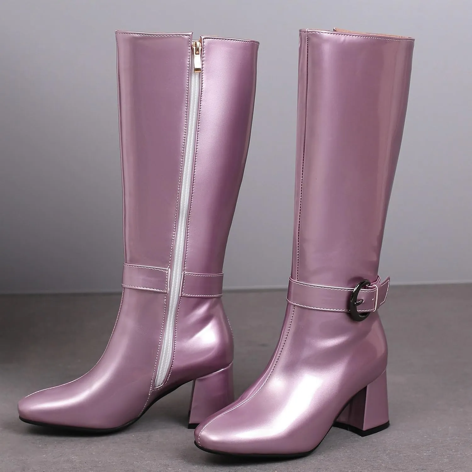 Meefit Women Block Heel Knee High Riding Boots Classic Round Toe Zip Up Tall Boot