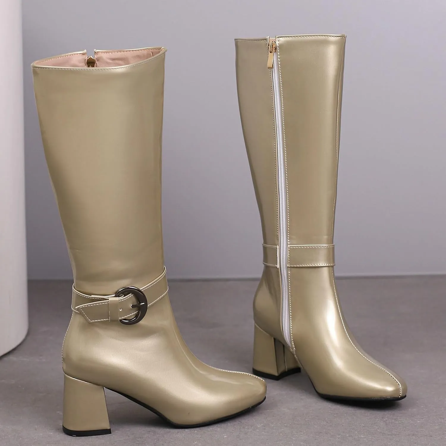 Meefit Women Block Heel Knee High Riding Boots Classic Round Toe Zip Up Tall Boot