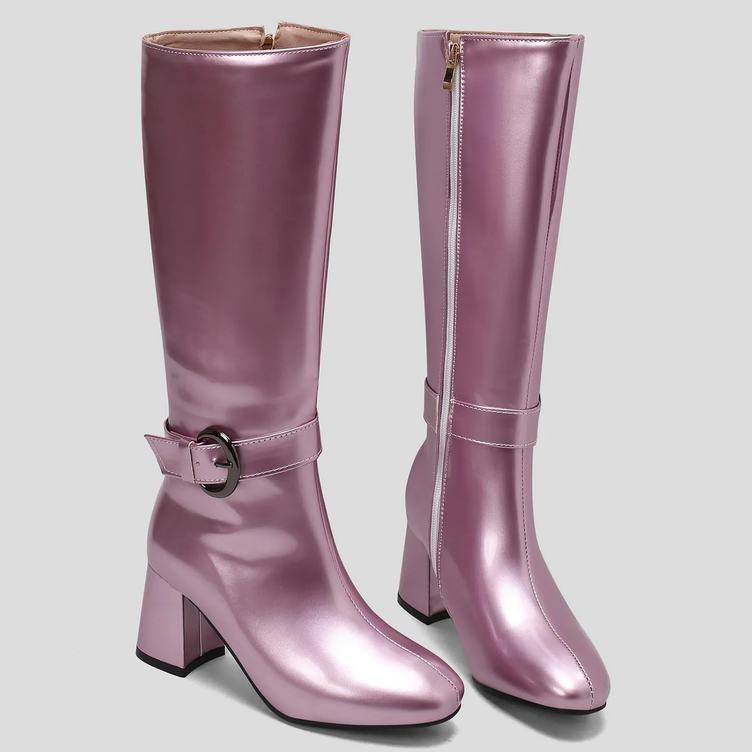 Meefit Women Block Heel Knee High Riding Boots Classic Round Toe Zip Up Tall Boot