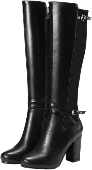 Meefit Women Block Heel Knee High Riding Boots Classic Round Toe Zip Up Tall Boot