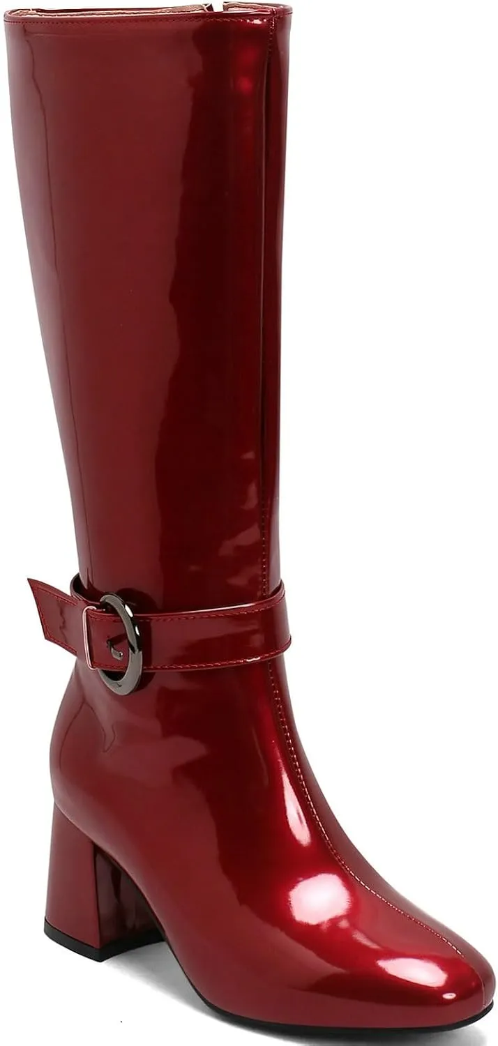 Meefit Women Block Heel Knee High Riding Boots Classic Round Toe Zip Up Tall Boot