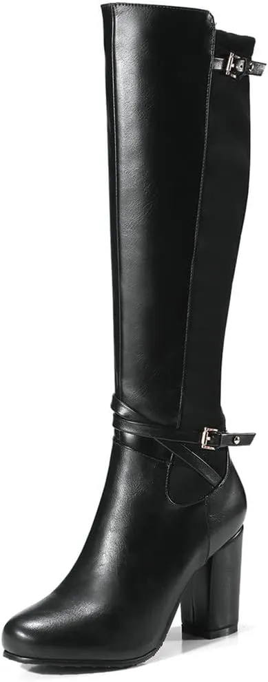 Meefit Women Block Heel Knee High Riding Boots Classic Round Toe Zip Up Tall Boot