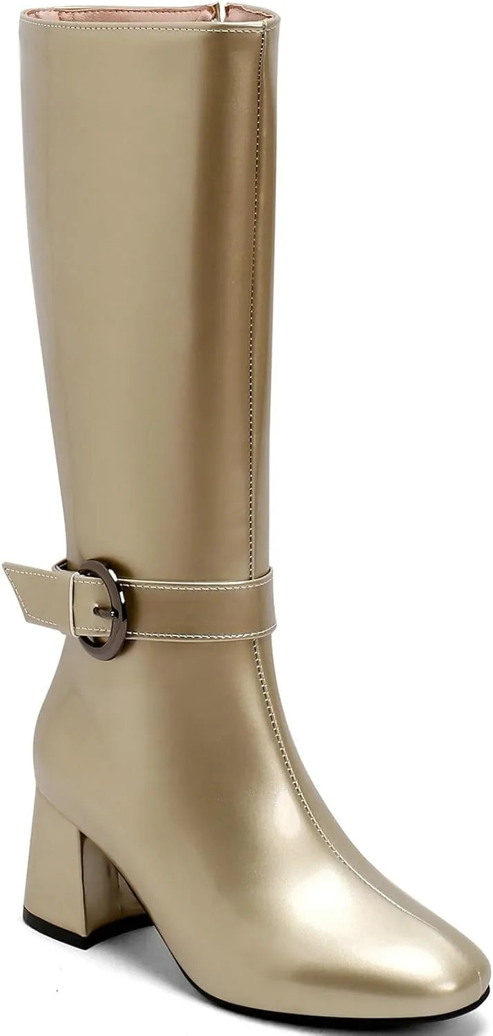 Meefit Women Block Heel Knee High Riding Boots Classic Round Toe Zip Up Tall Boot