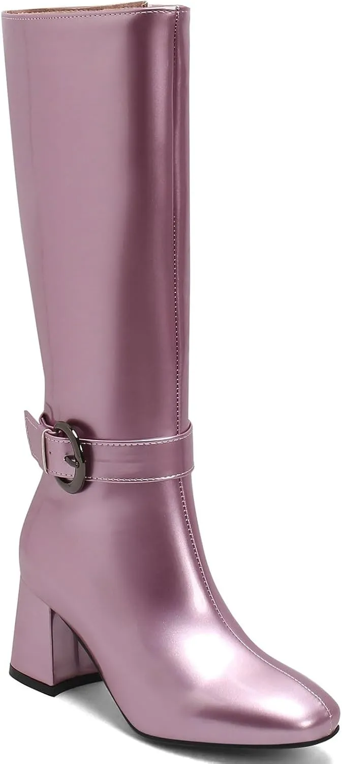 Meefit Women Block Heel Knee High Riding Boots Classic Round Toe Zip Up Tall Boot
