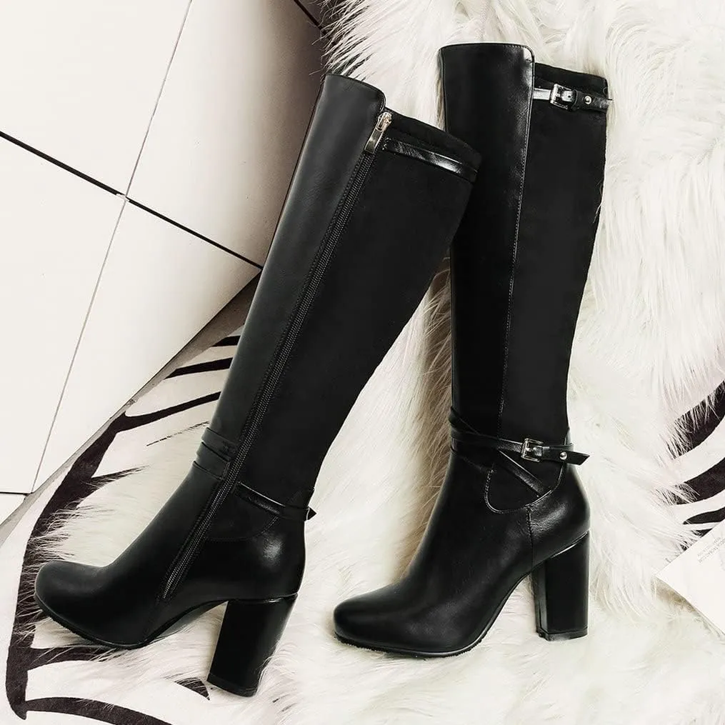 Meefit Women Block Heel Knee High Riding Boots Classic Round Toe Zip Up Tall Boot
