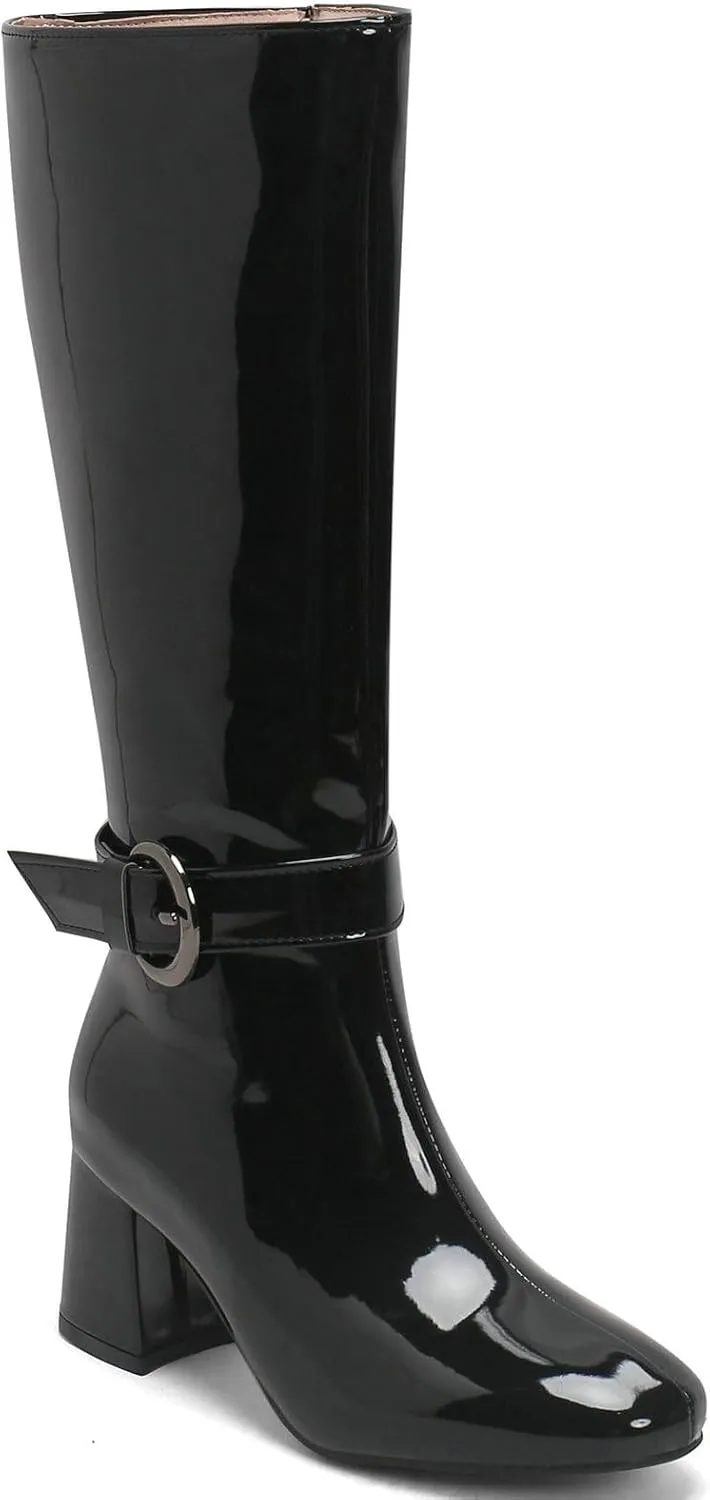Meefit Women Block Heel Knee High Riding Boots Classic Round Toe Zip Up Tall Boot