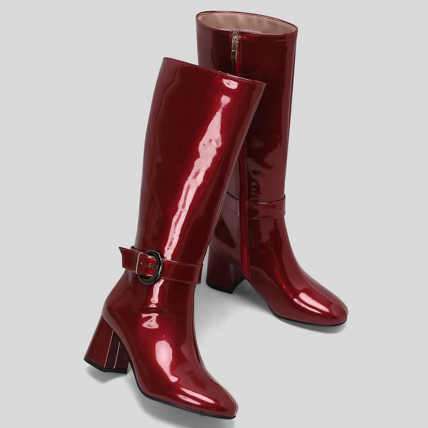 Meefit Women Block Heel Knee High Riding Boots Classic Round Toe Zip Up Tall Boot
