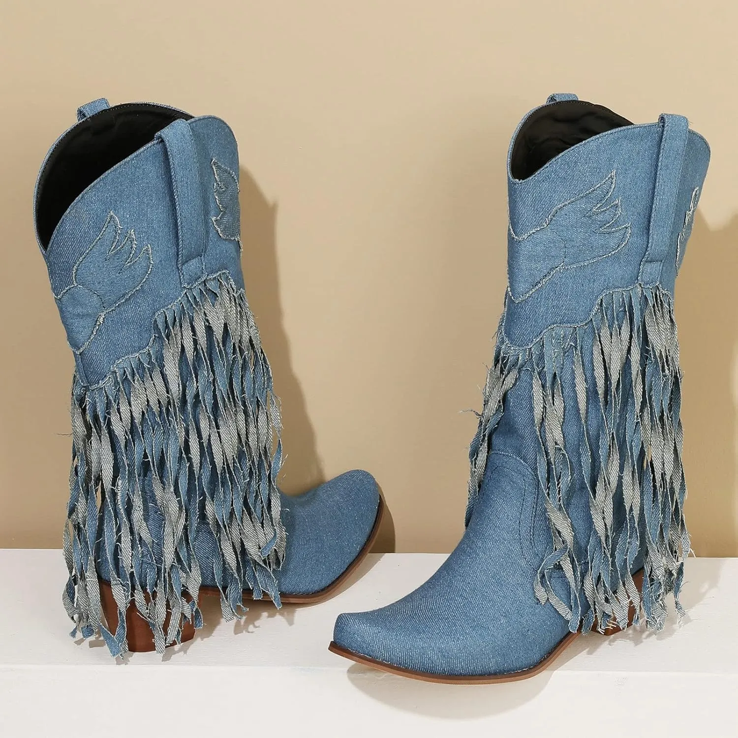Meefit Women Fringe Cowboy Boots Square Toe Mid Calf Denim Embroidered Western Boots,Tassel Cowgirl Boots Stacked Heel Retro Boots