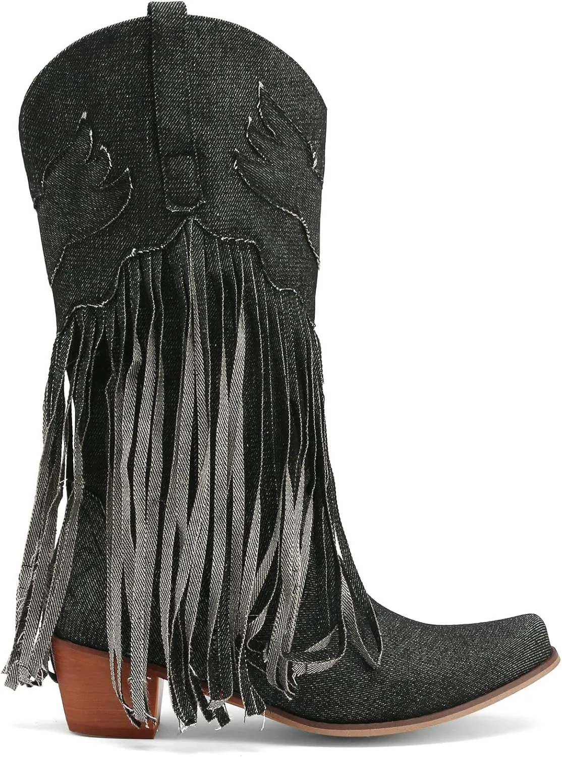Meefit Women Fringe Cowboy Boots Square Toe Mid Calf Denim Embroidered Western Boots,Tassel Cowgirl Boots Stacked Heel Retro Boots