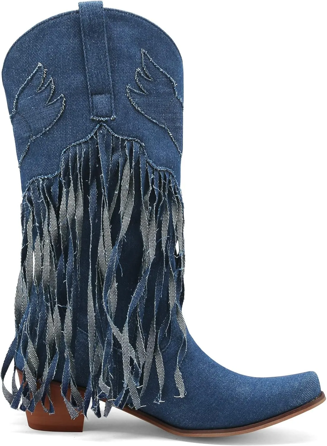 Meefit Women Fringe Cowboy Boots Square Toe Mid Calf Denim Embroidered Western Boots,Tassel Cowgirl Boots Stacked Heel Retro Boots