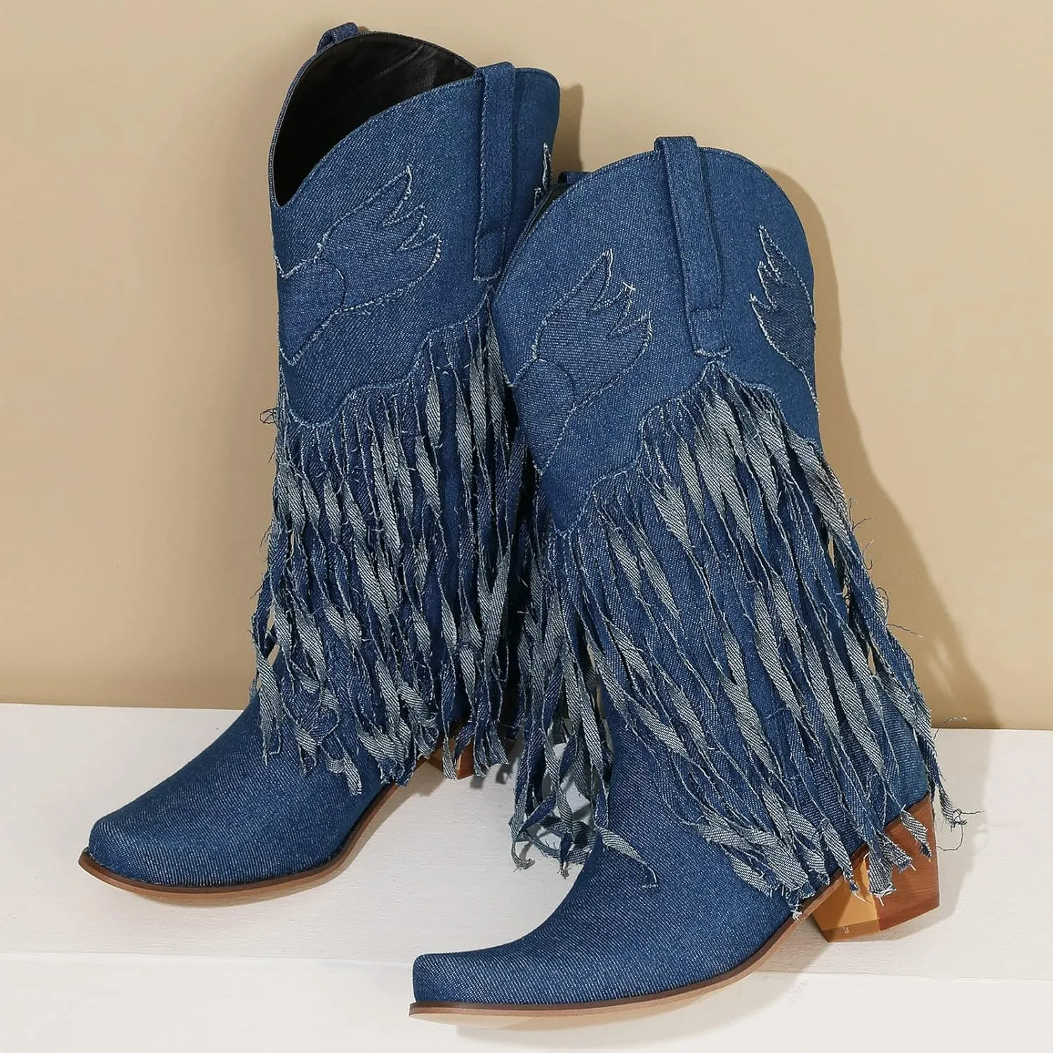 Meefit Women Fringe Cowboy Boots Square Toe Mid Calf Denim Embroidered Western Boots,Tassel Cowgirl Boots Stacked Heel Retro Boots