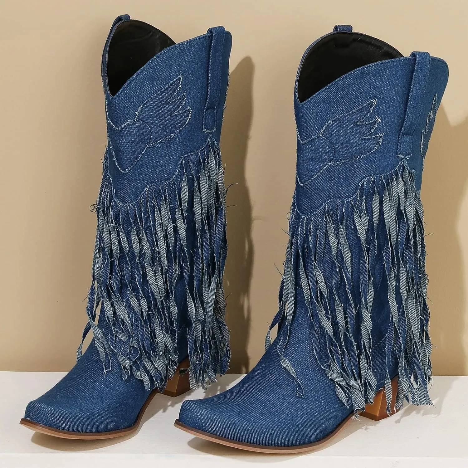 Meefit Women Fringe Cowboy Boots Square Toe Mid Calf Denim Embroidered Western Boots,Tassel Cowgirl Boots Stacked Heel Retro Boots