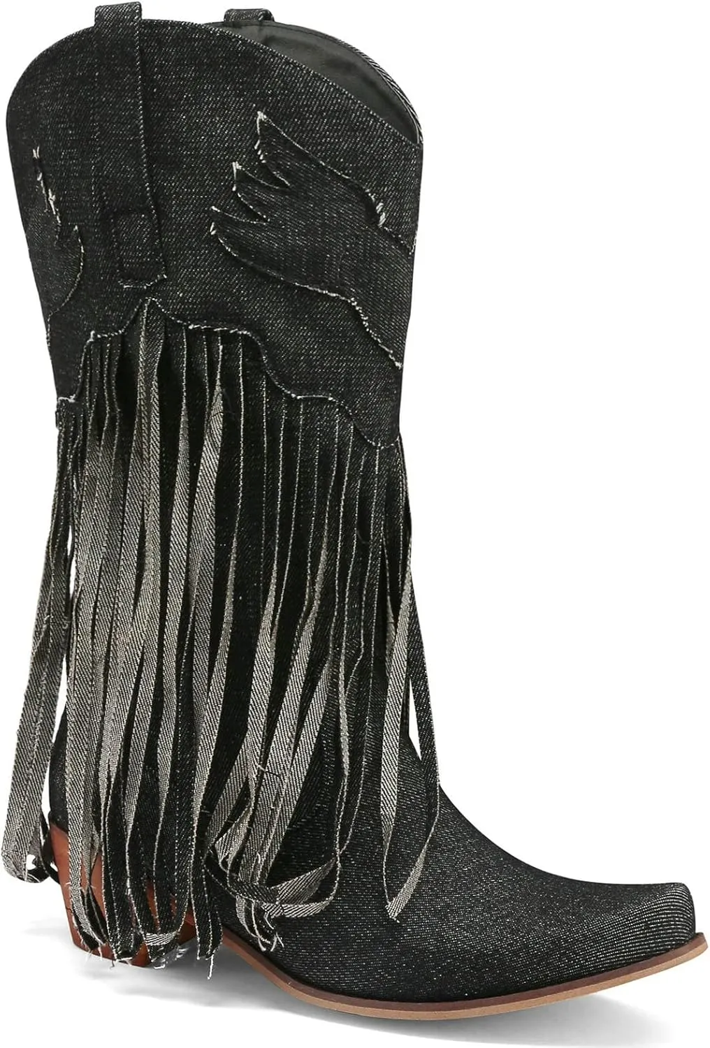 Meefit Women Fringe Cowboy Boots Square Toe Mid Calf Denim Embroidered Western Boots,Tassel Cowgirl Boots Stacked Heel Retro Boots