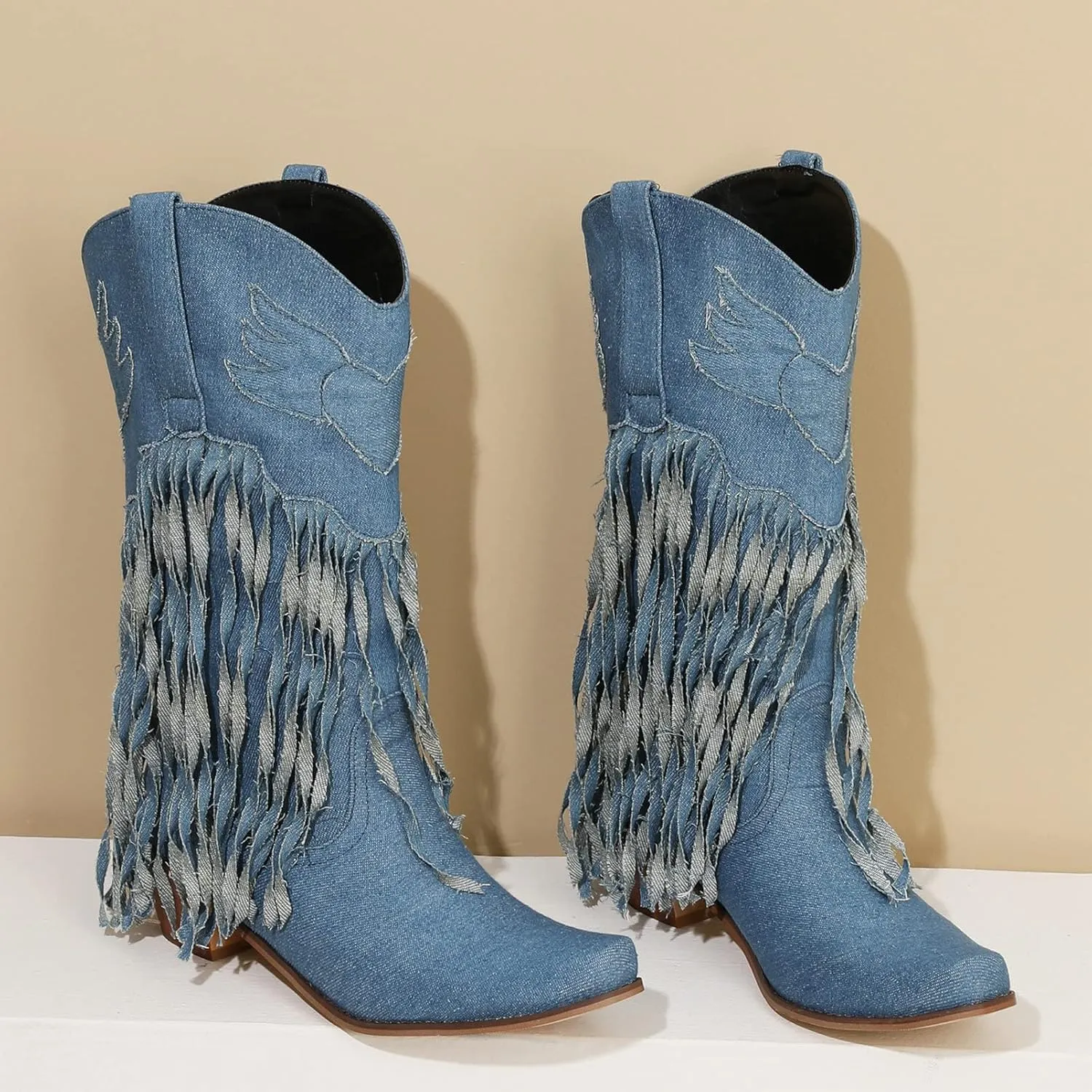 Meefit Women Fringe Cowboy Boots Square Toe Mid Calf Denim Embroidered Western Boots,Tassel Cowgirl Boots Stacked Heel Retro Boots