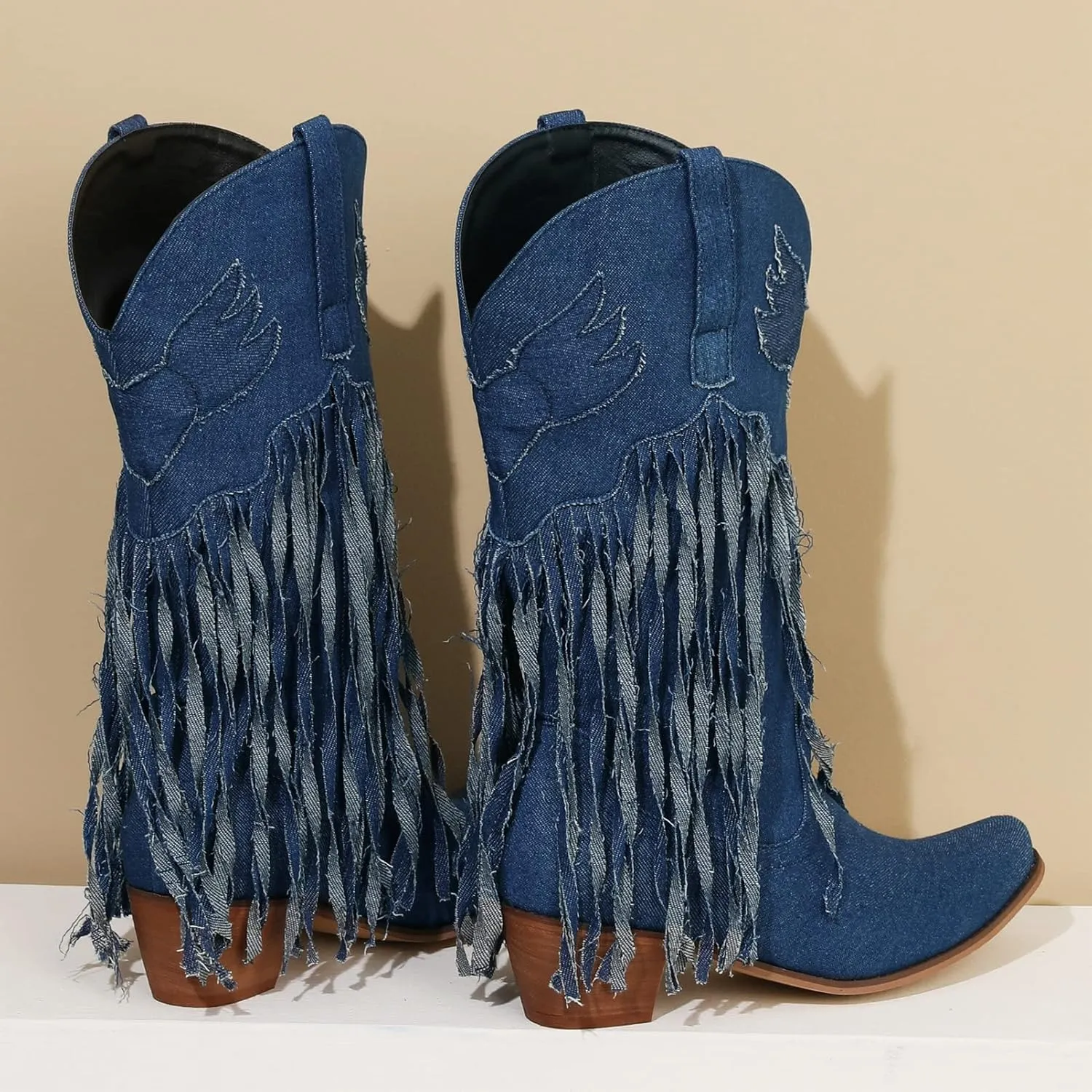 Meefit Women Fringe Cowboy Boots Square Toe Mid Calf Denim Embroidered Western Boots,Tassel Cowgirl Boots Stacked Heel Retro Boots