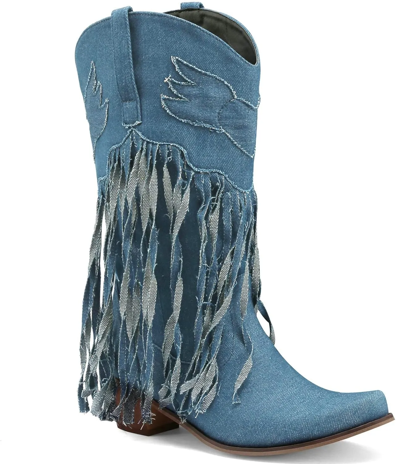Meefit Women Fringe Cowboy Boots Square Toe Mid Calf Denim Embroidered Western Boots,Tassel Cowgirl Boots Stacked Heel Retro Boots