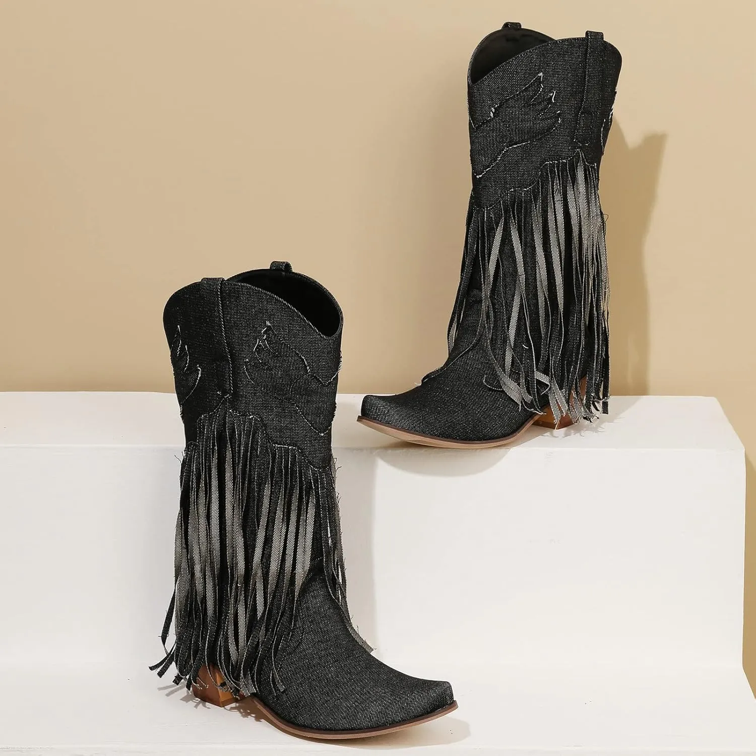 Meefit Women Fringe Cowboy Boots Square Toe Mid Calf Denim Embroidered Western Boots,Tassel Cowgirl Boots Stacked Heel Retro Boots
