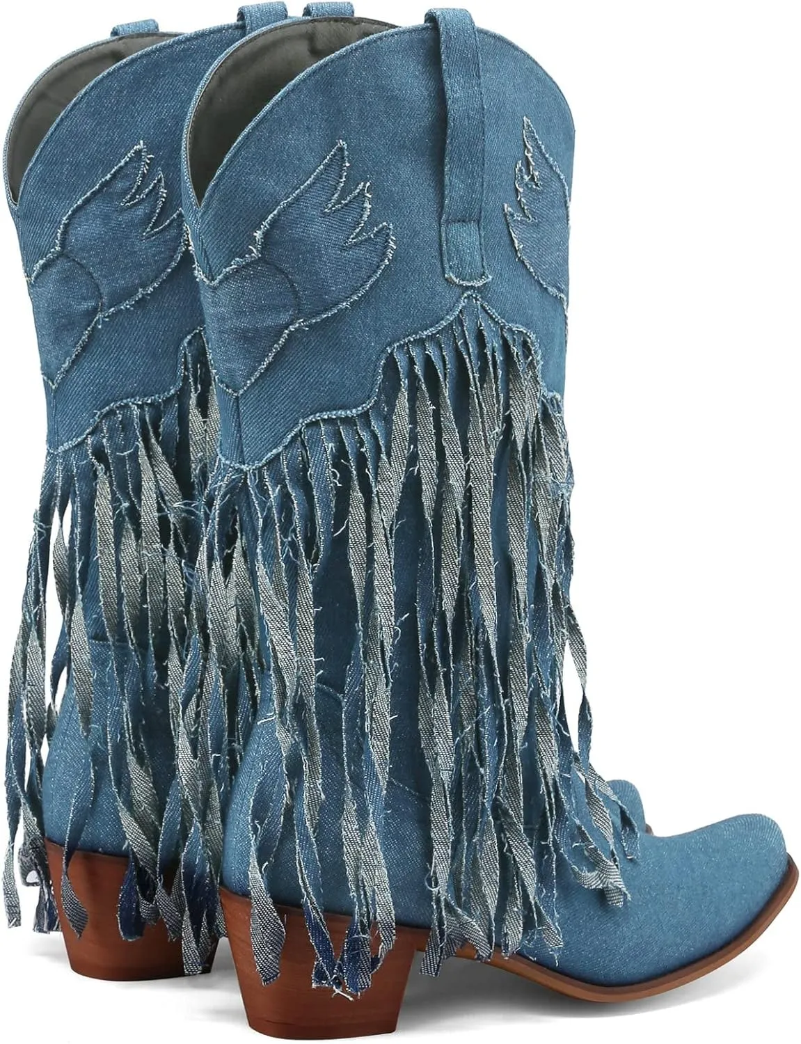 Meefit Women Fringe Cowboy Boots Square Toe Mid Calf Denim Embroidered Western Boots,Tassel Cowgirl Boots Stacked Heel Retro Boots