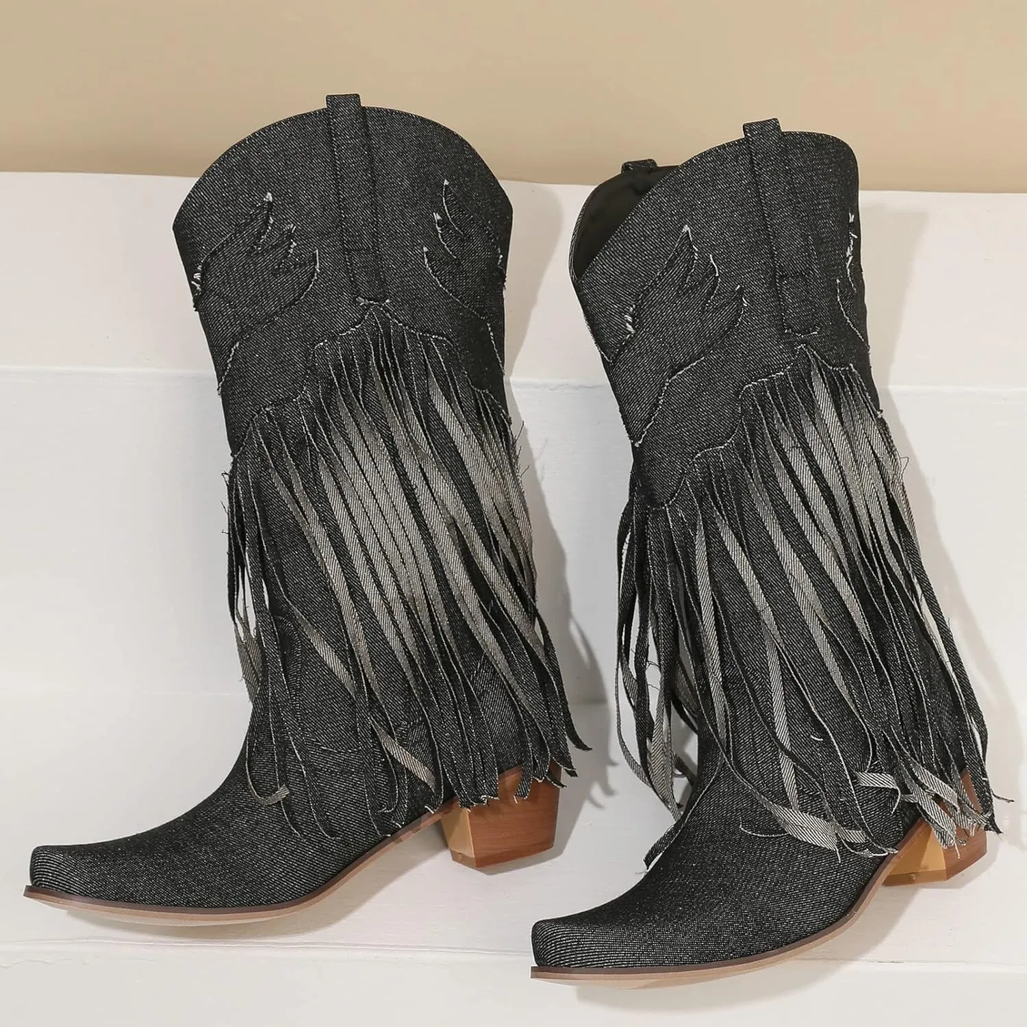 Meefit Women Fringe Cowboy Boots Square Toe Mid Calf Denim Embroidered Western Boots,Tassel Cowgirl Boots Stacked Heel Retro Boots