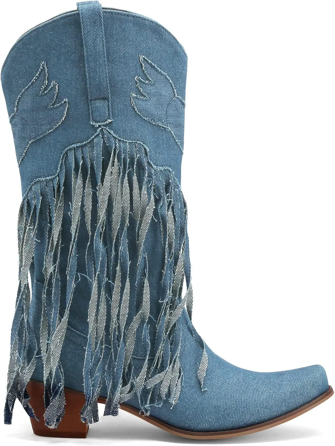 Meefit Women Fringe Cowboy Boots Square Toe Mid Calf Denim Embroidered Western Boots,Tassel Cowgirl Boots Stacked Heel Retro Boots