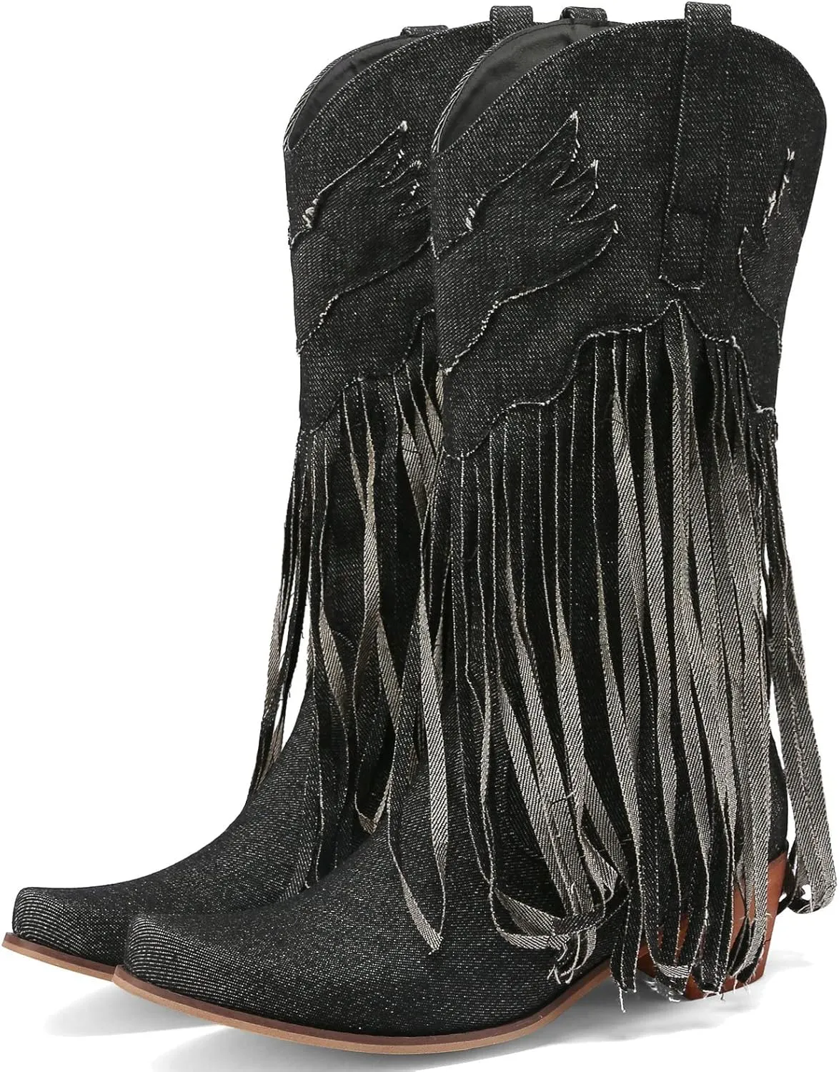 Meefit Women Fringe Cowboy Boots Square Toe Mid Calf Denim Embroidered Western Boots,Tassel Cowgirl Boots Stacked Heel Retro Boots