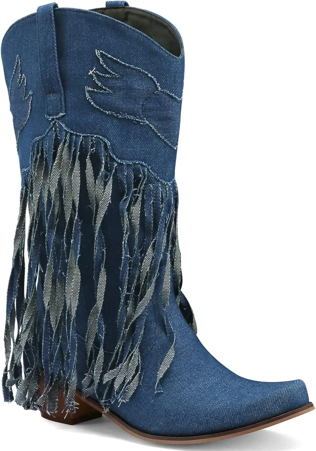 Meefit Women Fringe Cowboy Boots Square Toe Mid Calf Denim Embroidered Western Boots,Tassel Cowgirl Boots Stacked Heel Retro Boots
