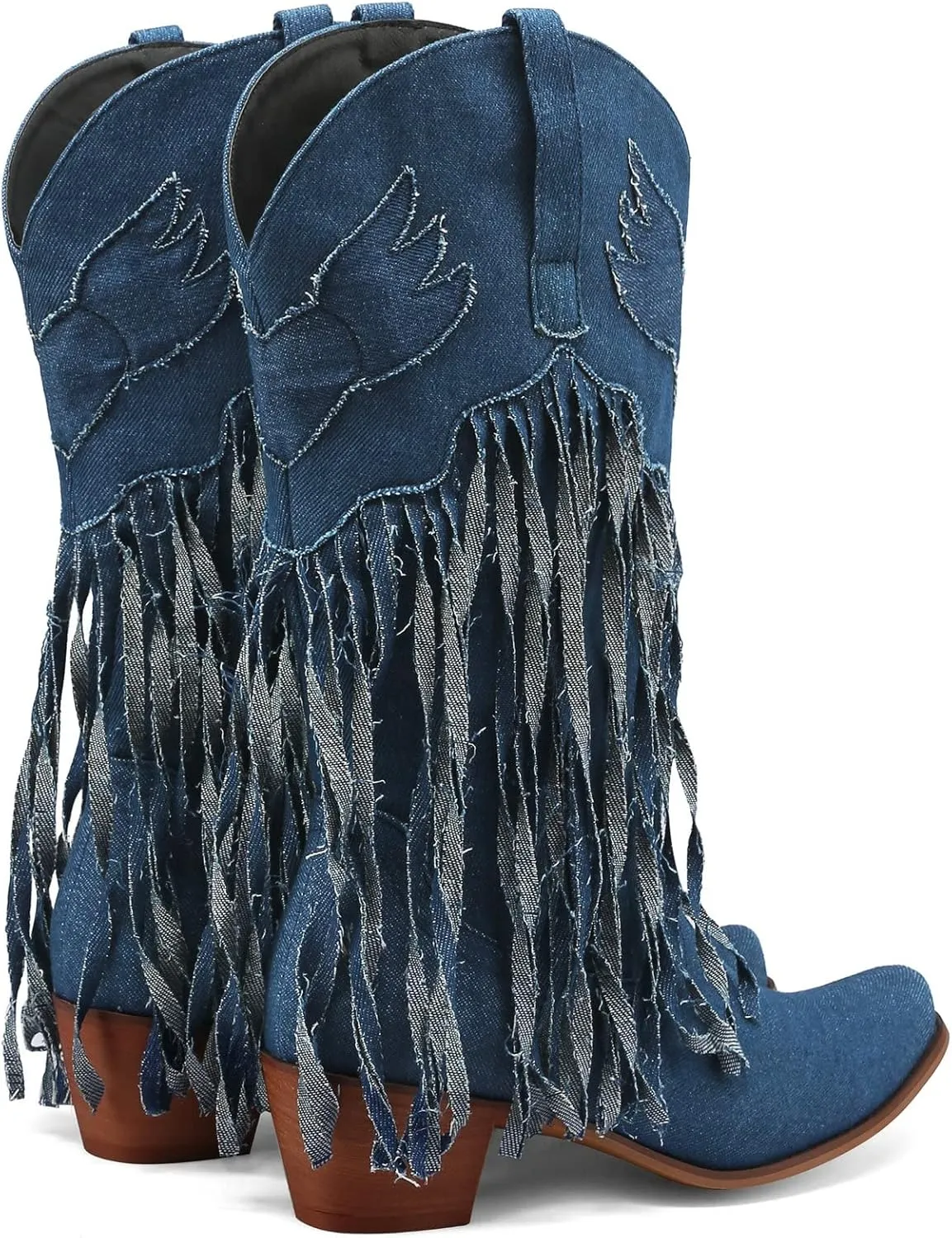 Meefit Women Fringe Cowboy Boots Square Toe Mid Calf Denim Embroidered Western Boots,Tassel Cowgirl Boots Stacked Heel Retro Boots