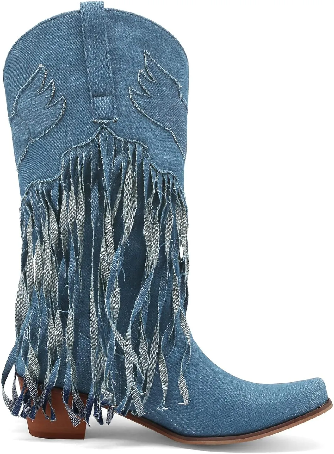 Meefit Women Fringe Cowboy Boots Square Toe Mid Calf Denim Embroidered Western Boots,Tassel Cowgirl Boots Stacked Heel Retro Boots