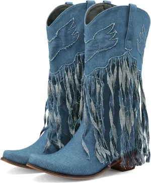 Meefit Women Fringe Cowboy Boots Square Toe Mid Calf Denim Embroidered Western Boots,Tassel Cowgirl Boots Stacked Heel Retro Boots