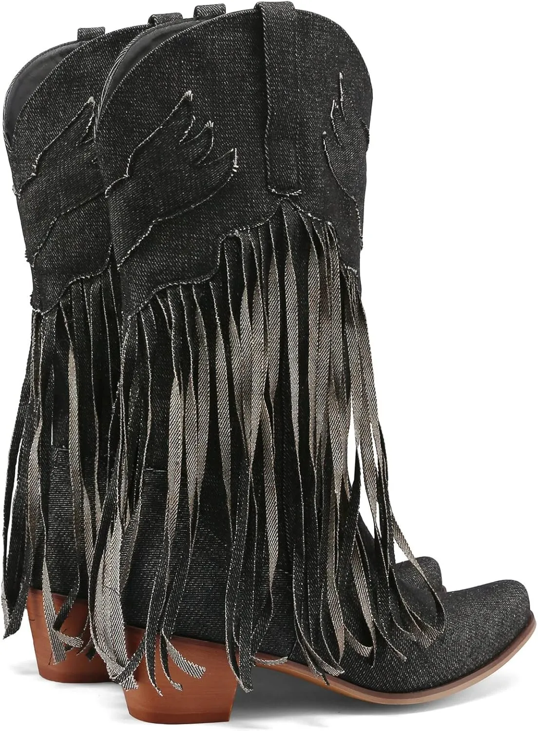 Meefit Women Fringe Cowboy Boots Square Toe Mid Calf Denim Embroidered Western Boots,Tassel Cowgirl Boots Stacked Heel Retro Boots