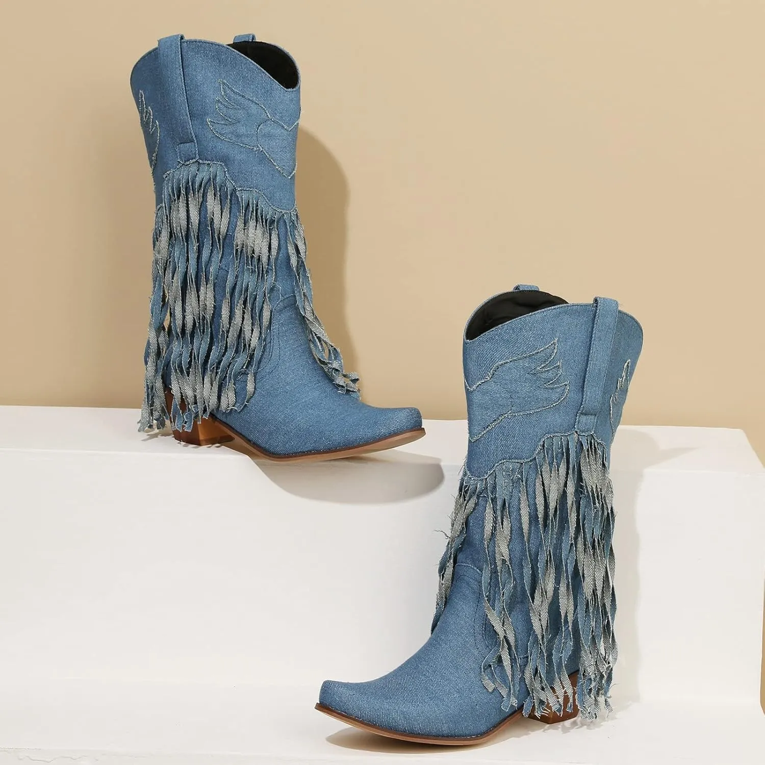 Meefit Women Fringe Cowboy Boots Square Toe Mid Calf Denim Embroidered Western Boots,Tassel Cowgirl Boots Stacked Heel Retro Boots