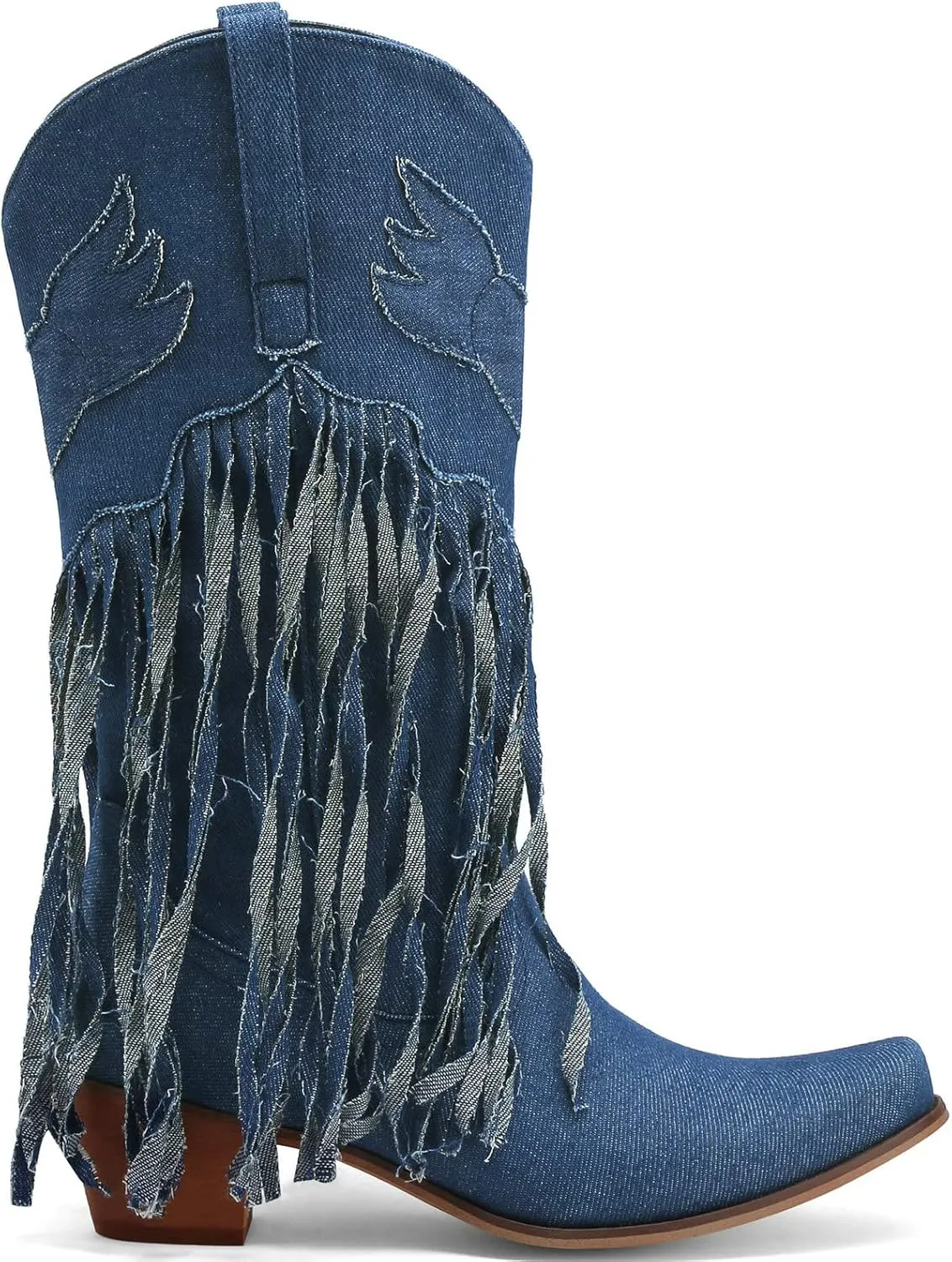 Meefit Women Fringe Cowboy Boots Square Toe Mid Calf Denim Embroidered Western Boots,Tassel Cowgirl Boots Stacked Heel Retro Boots