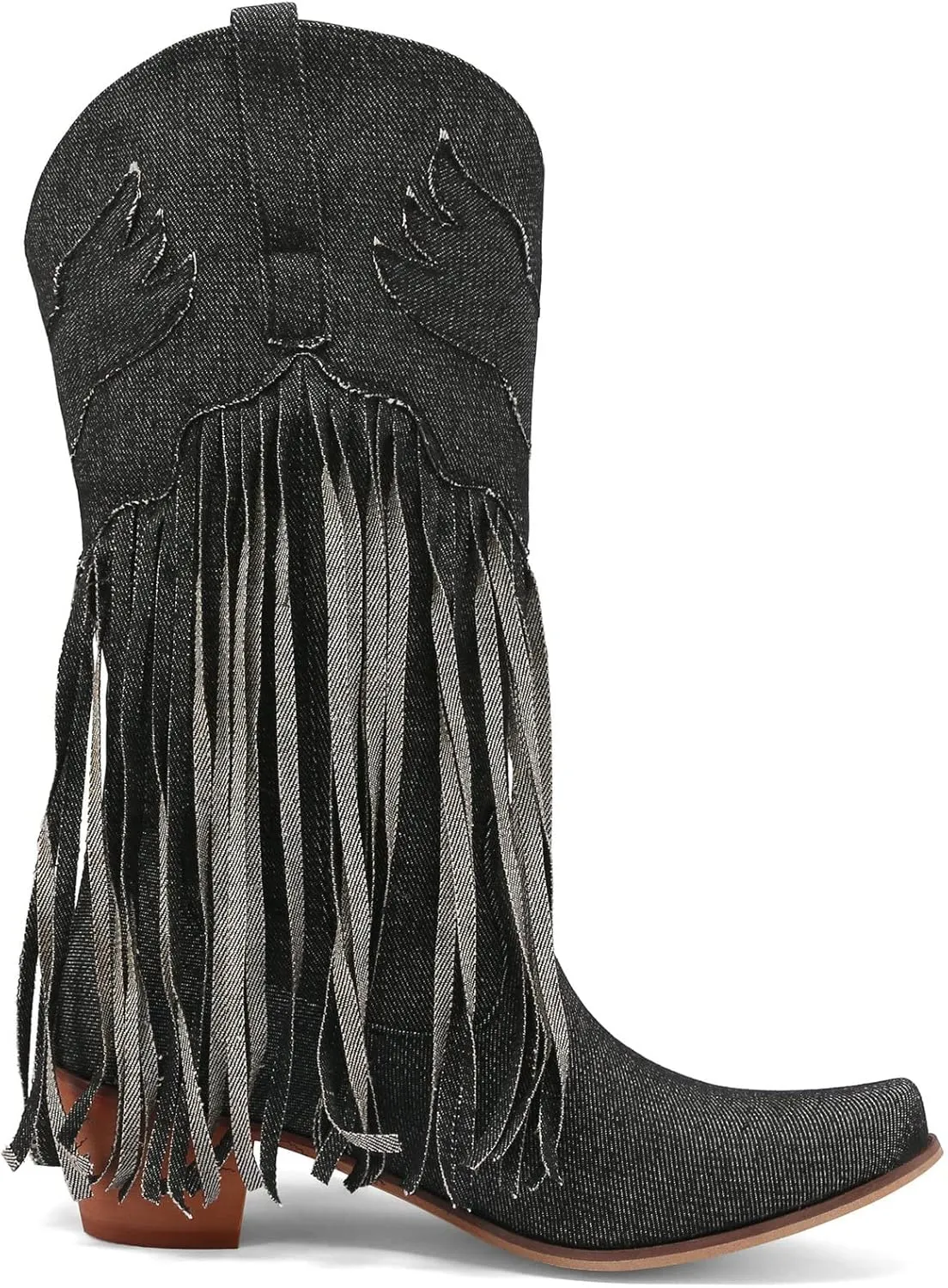 Meefit Women Fringe Cowboy Boots Square Toe Mid Calf Denim Embroidered Western Boots,Tassel Cowgirl Boots Stacked Heel Retro Boots
