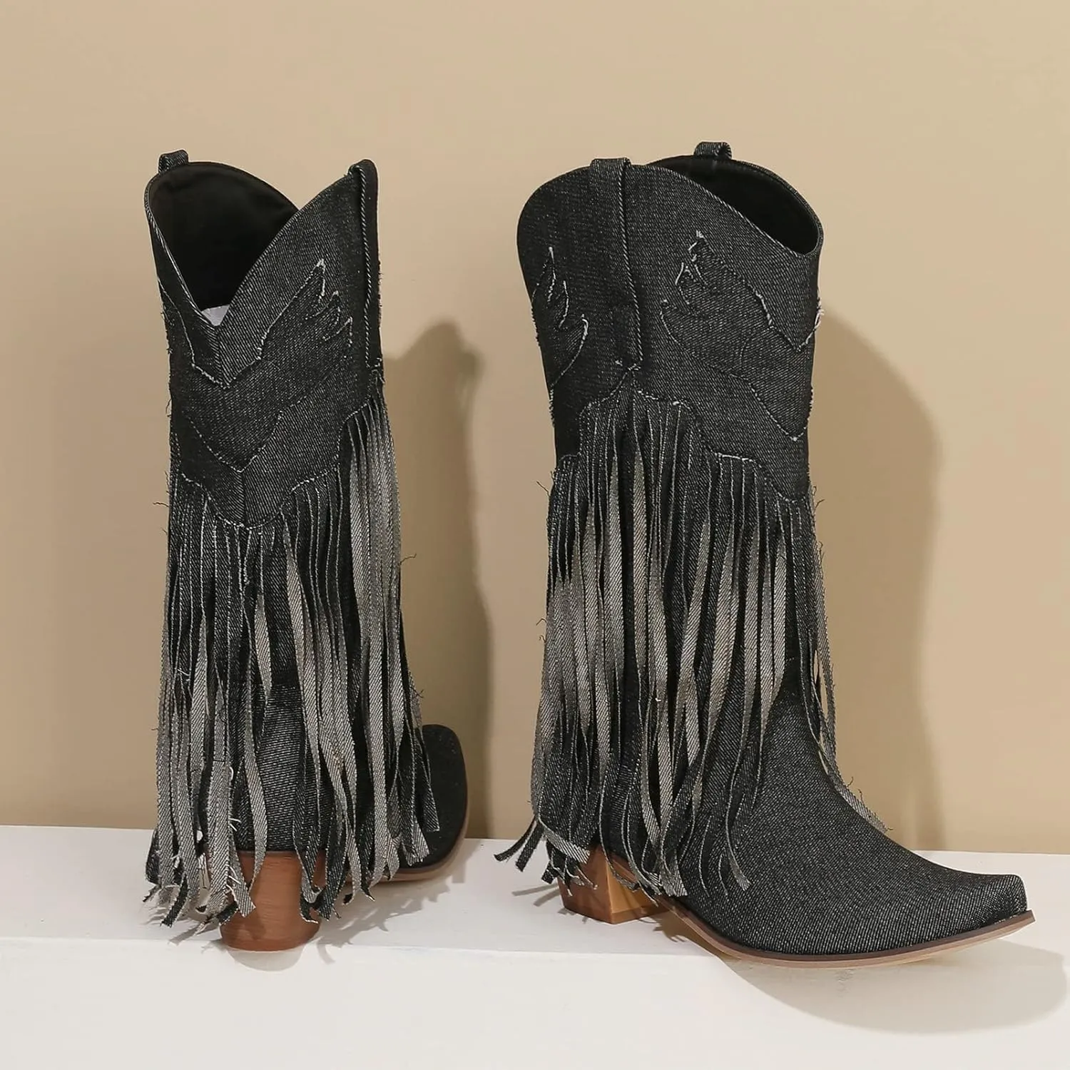 Meefit Women Fringe Cowboy Boots Square Toe Mid Calf Denim Embroidered Western Boots,Tassel Cowgirl Boots Stacked Heel Retro Boots