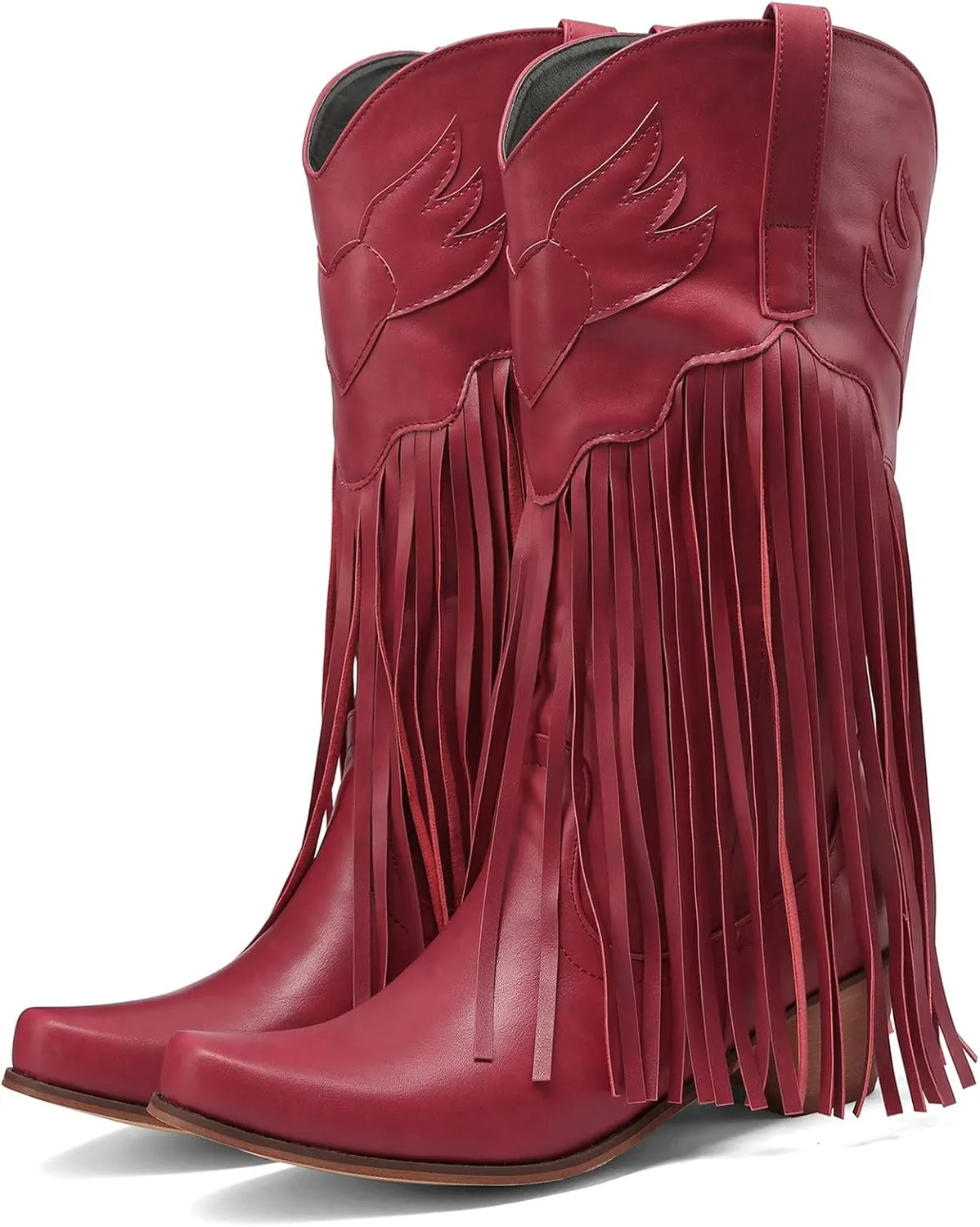 Meefit Women Fringe Cowboy Boots Square Toe Mid Calf Embroidered Western Boots,Tassel Cowgirl Boots Stacked Heel Retro Boots